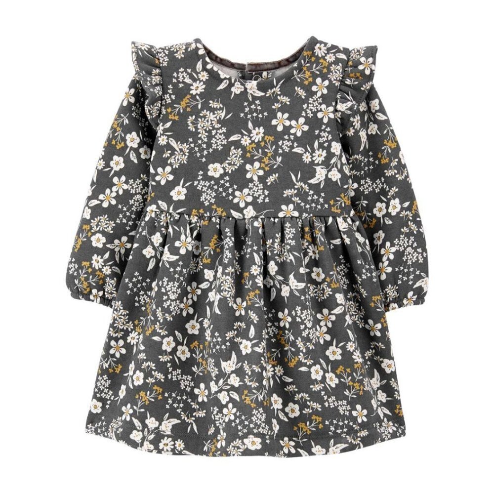 NWT Carter's Baby Gray Gold Floral Ruffle A-Line Dress & Diaper Cover